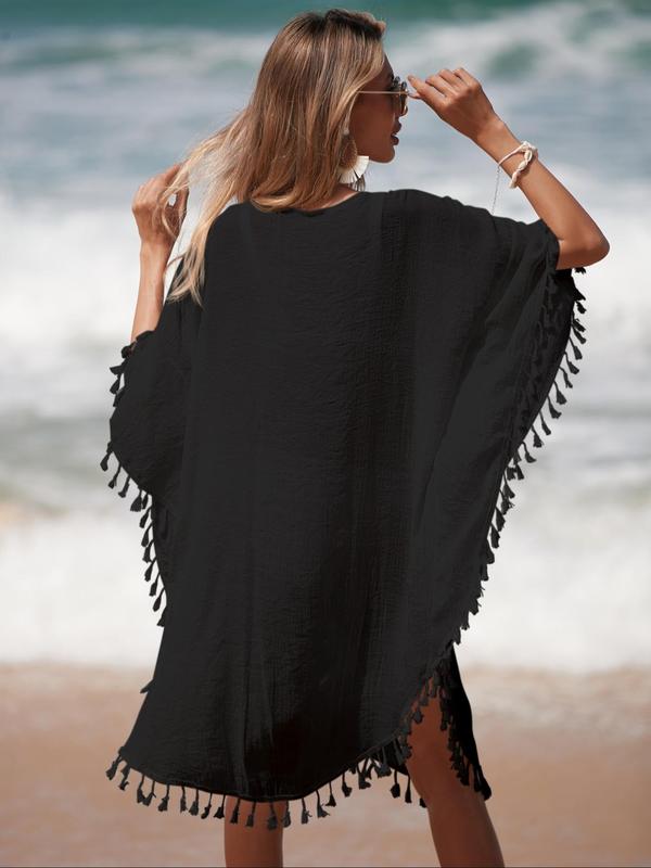 Women's Plain Fringe Trim Hollow Out Sheer Cover Up, Summer Clothes Women, Casual Batwing Sleeve V Neck Cover Up, Lady Swimwear for Beach Holiday