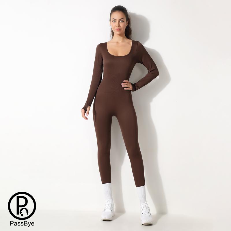 Passbye Jumpsuit for Women Yoga Ribbed  Square Neck Workout Seamless Rompers Long Sleeve Exercise Jumpsuits