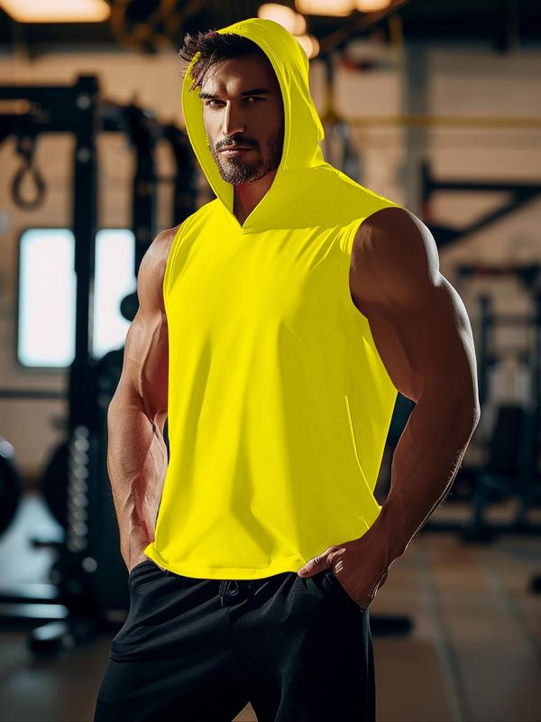 Men's Solid Hooded Sports Vest, Regular Fit Breathable Quick Drying Sleeveless Tank Top for Gym Workout Running, Tank Tops for Men, Casual Sporty Top for Summer