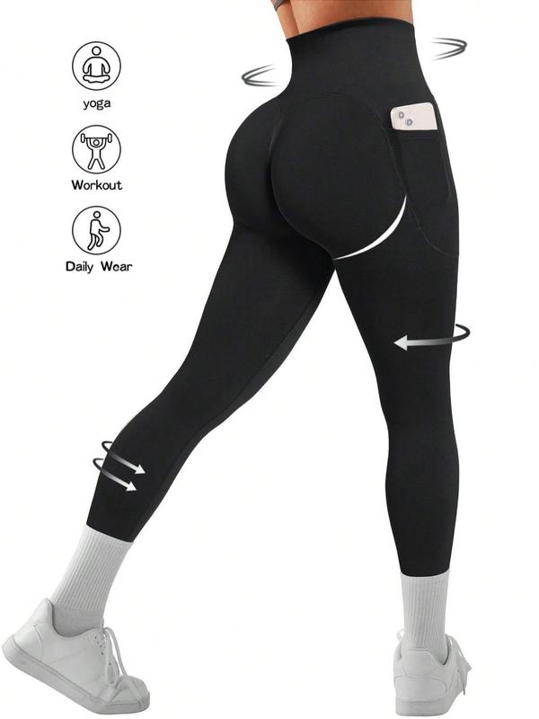 Women's Solid High Waist Pocket Sports Leggings, Sporty Comfy Breathable Skinny Pants for Yoga Gym Workout, Ladies Sportswear for All Seasons, Tummy Control