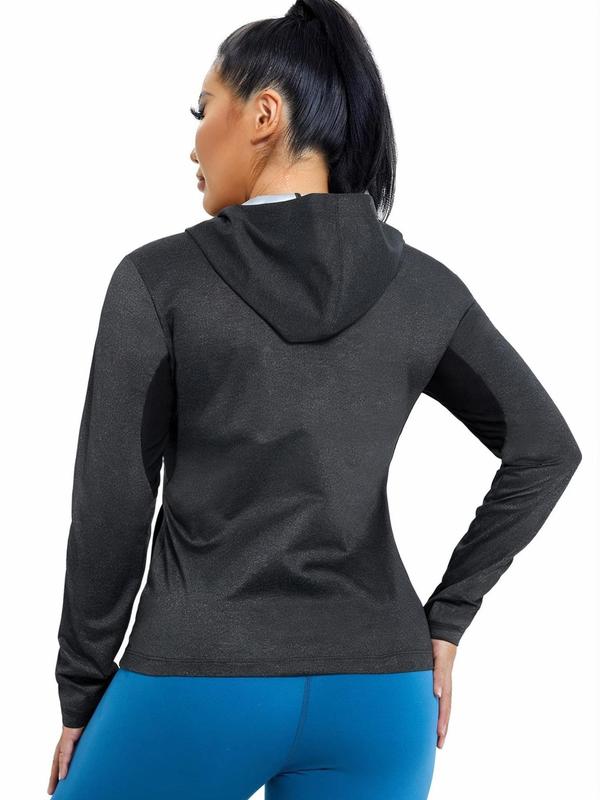 Women's Solid Zip Up Hooded Sports Sauna Hoodie Jacket, Gym Clothes, Sporty Breathable Pocket Long Sleeve Hooded Outerwear for Gym Workout Running, Ladies Sportswear for All Seasons, Fall Clothes