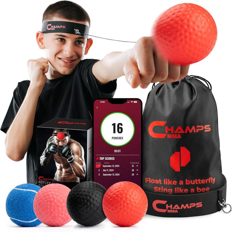 Boxing Reflex Ball Set with Punch Counter App– 4 Boxing Balls with Varying Weights, Headband and 4 Spare Strings to Improve Speed, Hand-Eye Coordination for Men, Kids Boxing Equipment MMA Gear Gift