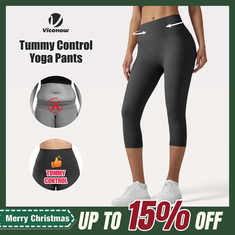 Viconow Tummy Control Capris Shorts for Women with Pockets - High Waist Bike Leggings for Gym Workout Athletic Running Yoga