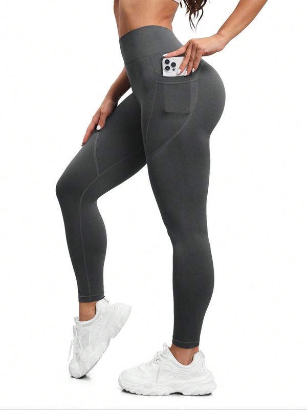 Women's Solid High Waist Pocket Sports Leggings, Sporty Comfy Breathable Skinny Pants for Yoga Gym Workout Running, Ladies Sportswear for All Seasons