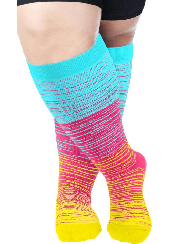 Plus Size 2 Pairs Striped Print Compression Over The Knee Socks, Athletic Running Socks, Soft Comfy Breathable Sports Socks for Women & Men