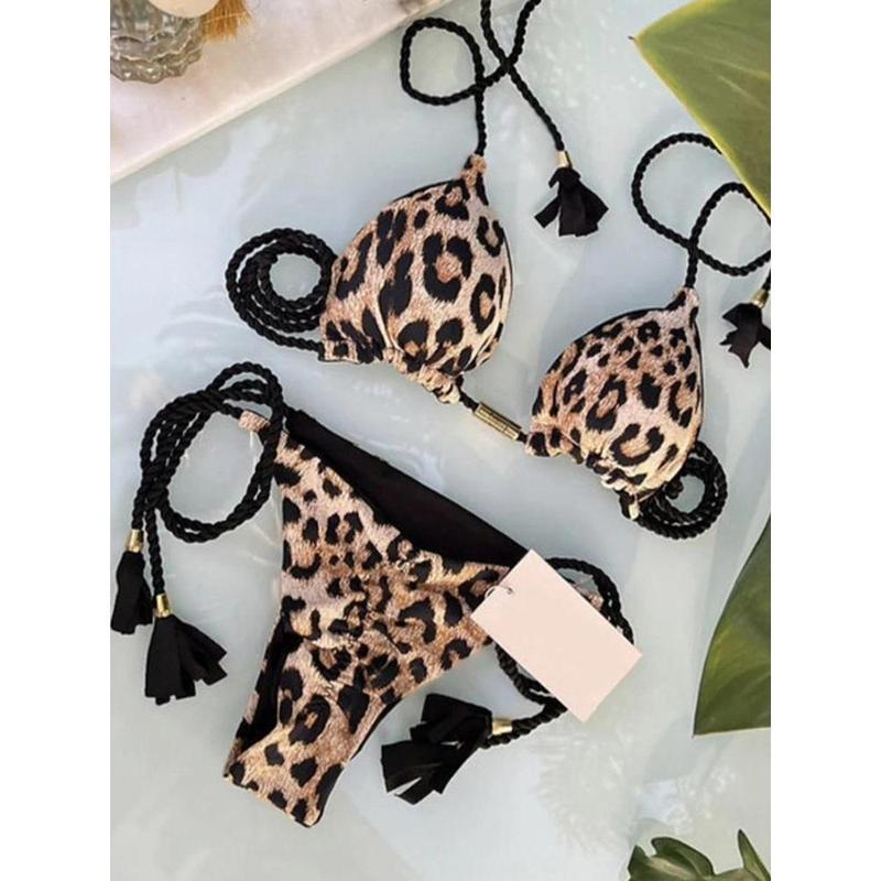 Swimsuit Women Bikinis Set Sexy Drawstring Bikini Beachwear Leopard Two-pieces Swimwear Bathing Suit Lace Up Bikini Set