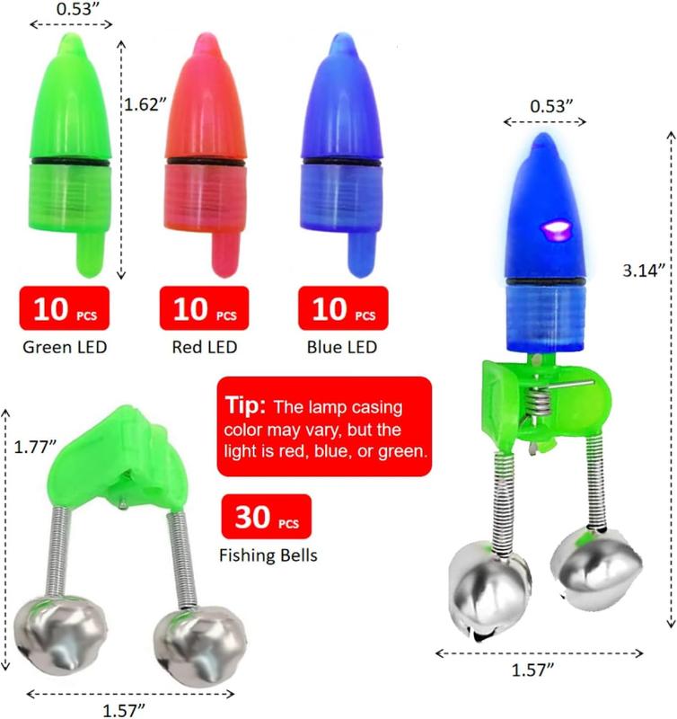 30 count Fishing Bells Clips Fishing Rod  with Dual Alert Bells with Colorful Lights (Red Green Blue)