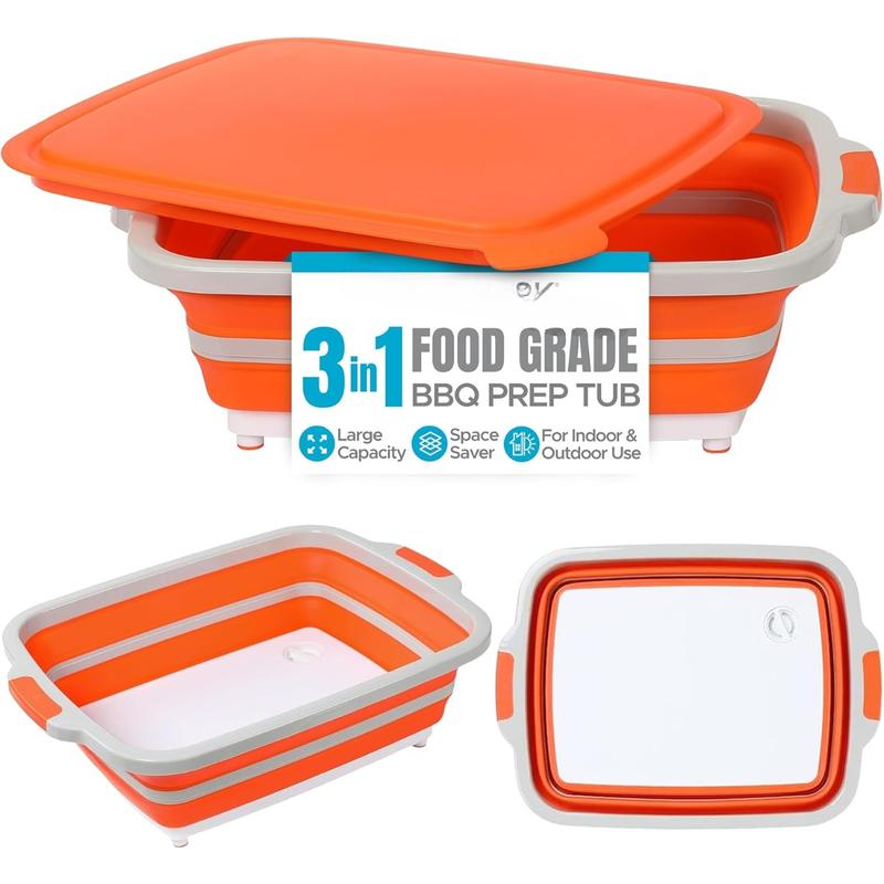 Collapsible Large BBQ Prep Tub w Cutting Board, Multi-Function Grill Caddy w Colander & Lid, Portable Silicone Dish Bowl for Picnic, Tailgate, Camping - Orange