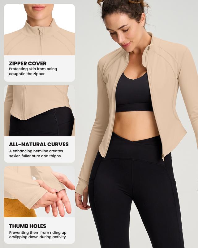 QUEENIEKE Women's Cropped Workout Jackets - Zip Up Long Sleeves Athletic Yoga Slim Fit BBL Running Jacket with Thumb Holes