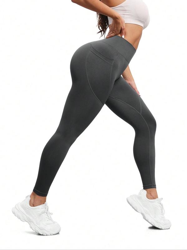 Women's Solid High Waist Pocket Sports Leggings, Sporty Comfy Breathable Skinny Pants for Yoga Gym Workout Running, Ladies Sportswear for All Seasons