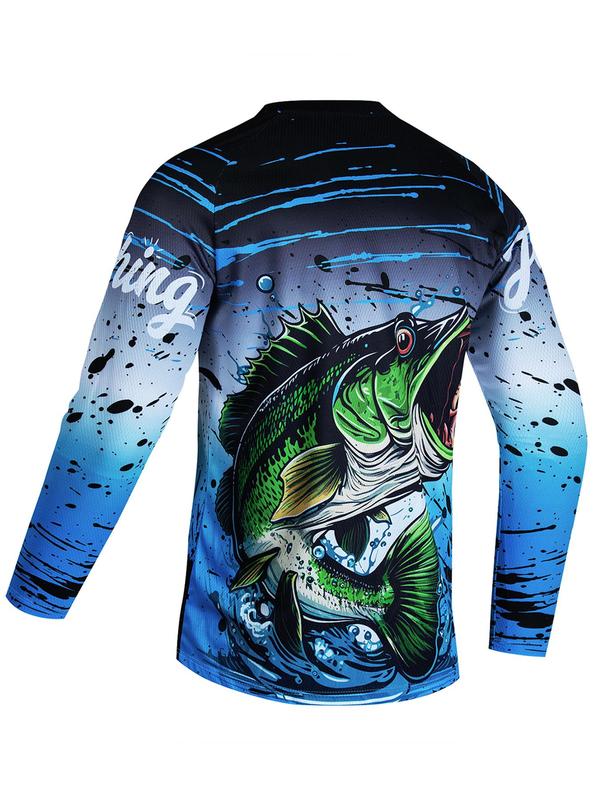 Men's Fish Print Round Neck Raglan Sleeve Sports Tee, Regular Fit Long Sleeve T-shirt for Men, Summer Outfits 2024, Summer Clothes