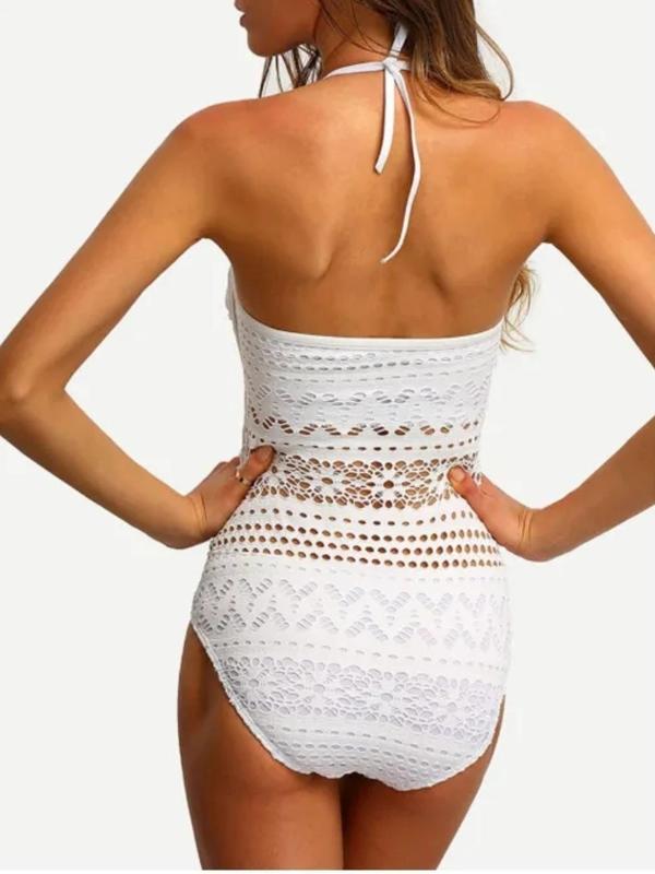 Women's Solid Backless Halter Neck One-piece Swimsuit, Summer Clothes Women, Casual Hollow Out Tie Back Sleeveless Swimwear, Ladies Swimsuit for Beach Holiday Vacation