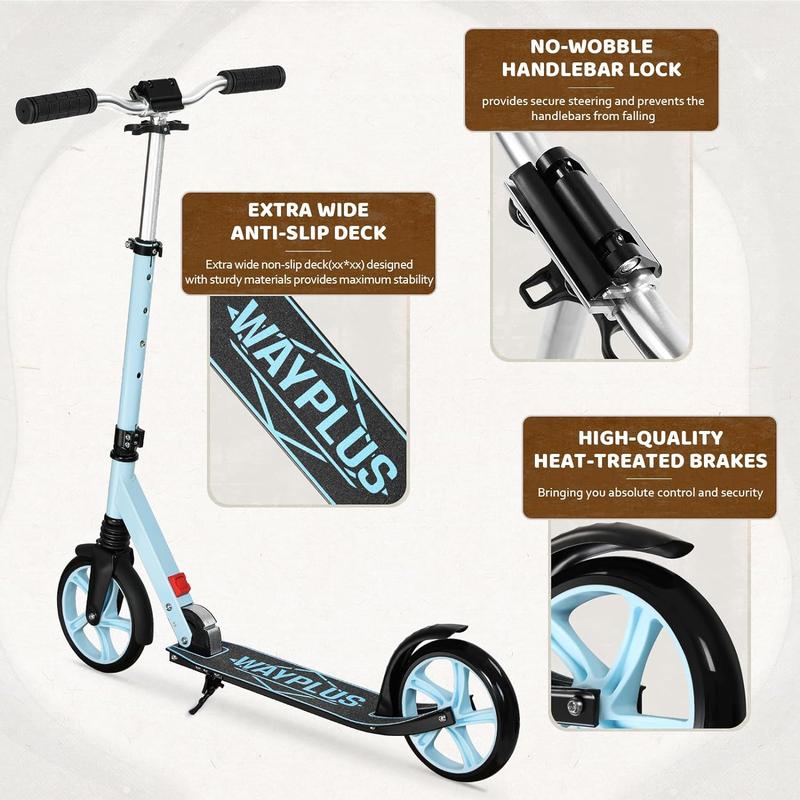 WAYPLUS Kick Scooter for Teens & Adults. Max Load 240 LBS. Foldable, Lightweight, 8IN Big Wheels For Teen and Adults, 4 Adjustable Levels. Bearing ABEC9