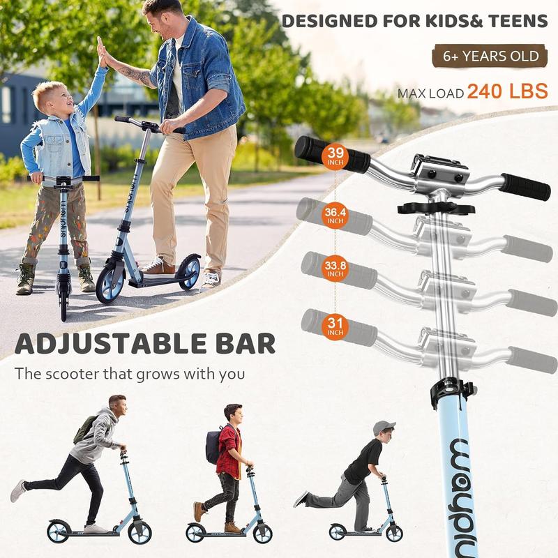 WAYPLUS Kick Scooter for Teens & Adults. Max Load 240 LBS. Foldable, Lightweight, 8IN Big Wheels For Teen and Adults, 4 Adjustable Levels. Bearing ABEC9