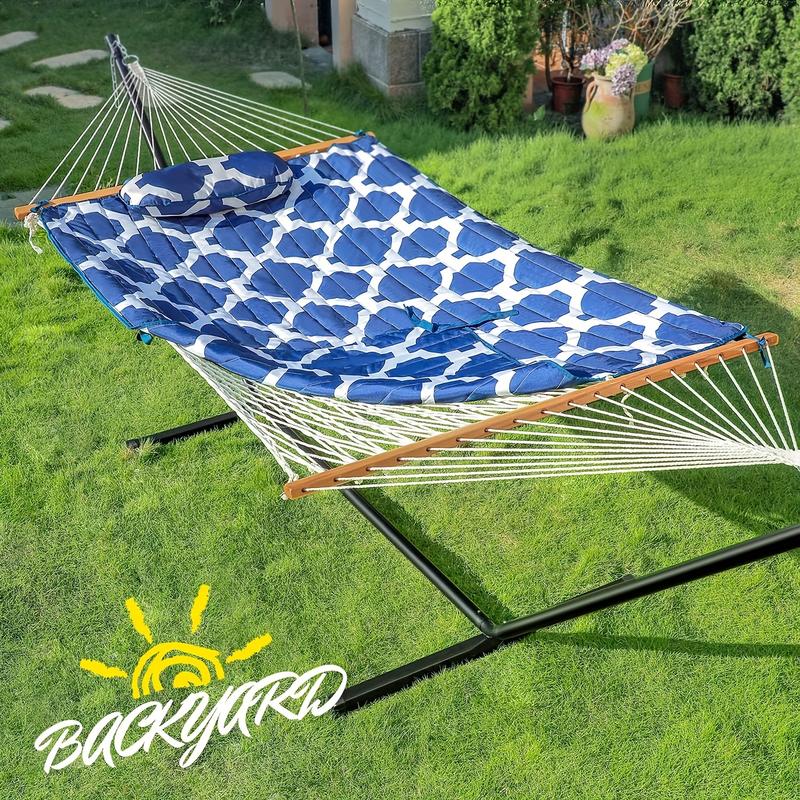 Double Outdoor Hammock With Stand, 2 Person Cotton Rope Hammock With Polyester Pad And Pillow For Backyard Porch Patio Garden