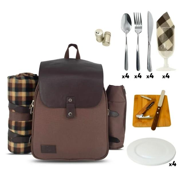 Canvas and Faux Leather Picnic Backpack for 4 with Insulated Basket, Blanket, Plates, and Cutlery Set