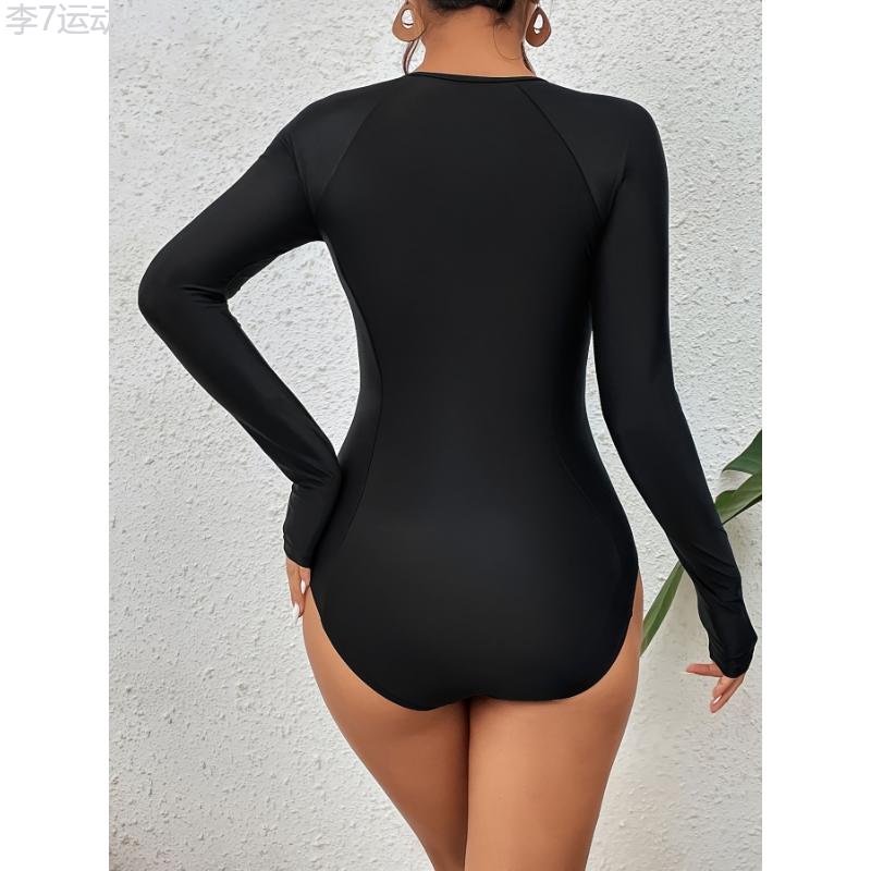 Solid Color Casual One-piece Swimsuit, Long Sleeves Half Zipper Surfing Water Sports Competitive Bathing Suit, Women's Swimwear & Clothing