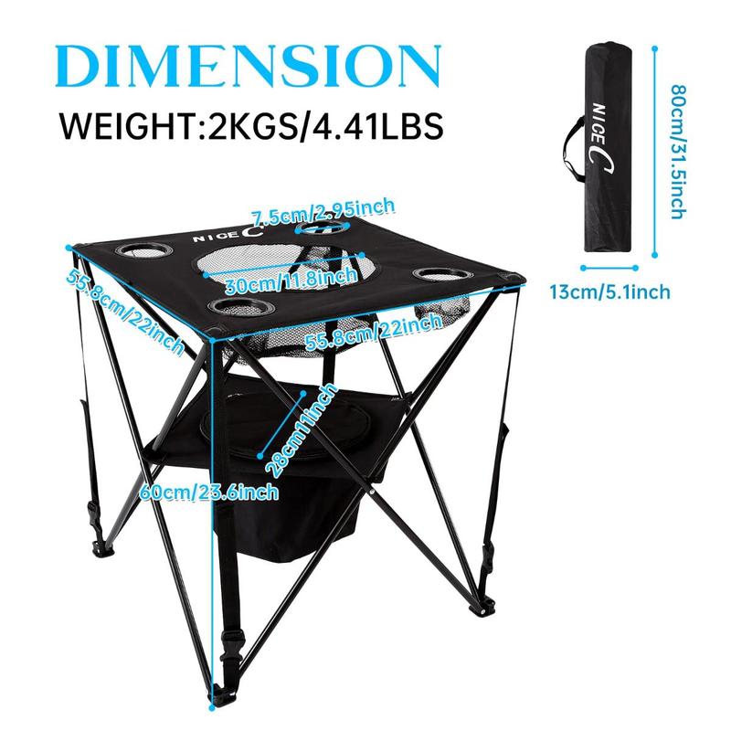 Nice C Cooler with Table, Tailgating Table, Camping Table with Cup Holder, Beach Table, Canvas Table, Small Portable Table, Ultralight Compact with Carry Bag for Outdoor, Picnic (Black)