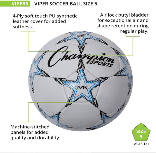 Champion Sports Viper Soccer Ball - Synthetic Leather – Youth, Kids, Adult - Sizes 3, 4, 5