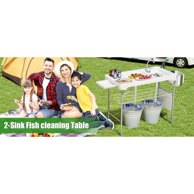 Portable Fish Cleaning Table With Sink, Folding Outdoor Camping Sink Station With Hose Hook Up, With Spray Gun And Tool Kit Heavy Duty Fillet Table With Faucet For Dock Beach Patio Picnic