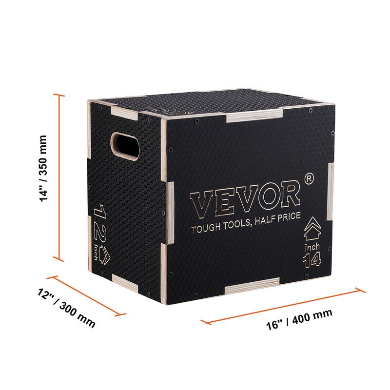 VEVOR 3 in 1 Plyometric Jump Box, 16 14 12 Inch Wooden Plyo Box, Platform & Jumping Agility Box, Anti-Slip Fitness Exercise Step Up Box for Home Gym Training, Conditioning Strength Training, Black