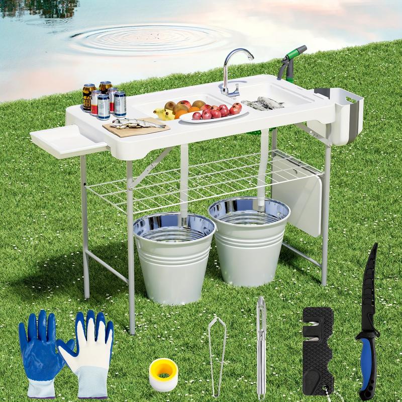 Portable Fish Cleaning Table With Sink, Folding Outdoor Camping Sink Station With Hose Hook Up, With Spray Gun And Tool Kit Heavy Duty Fillet Table With Faucet For Dock Beach Patio Picnic