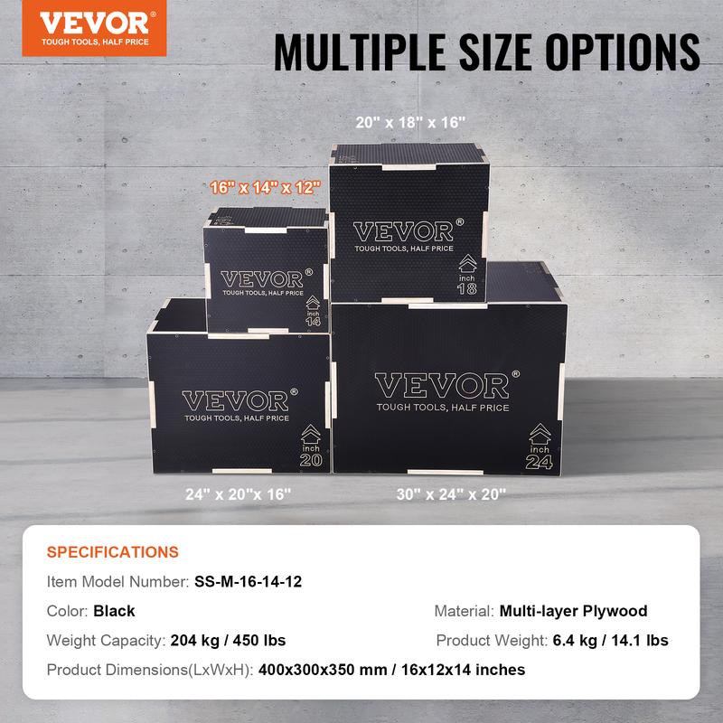 VEVOR 3 in 1 Plyometric Jump Box, 16 14 12 Inch Wooden Plyo Box, Platform & Jumping Agility Box, Anti-Slip Fitness Exercise Step Up Box for Home Gym Training, Conditioning Strength Training, Black